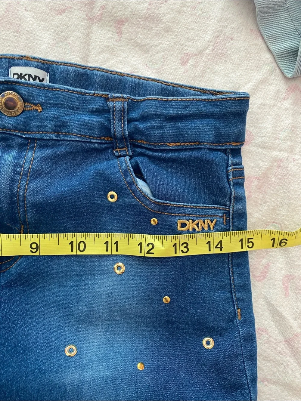 DKNY Girls' Dark and Light Blue Denim Shorts with Gold Studs